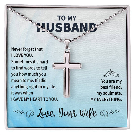 TO MY HUSBAND | Stainless Cross Necklace w/ Ball Chain | NEVER FORGET | Gift for Husband